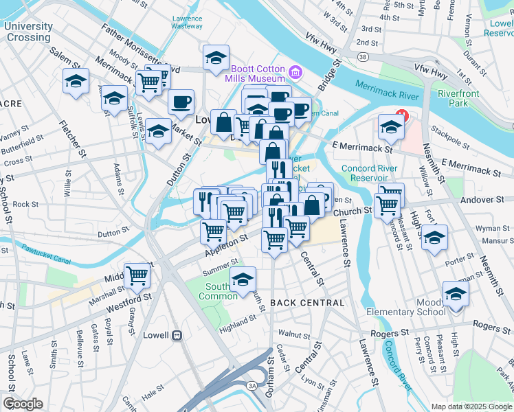 map of restaurants, bars, coffee shops, grocery stores, and more near 78 Jackson Street in Lowell