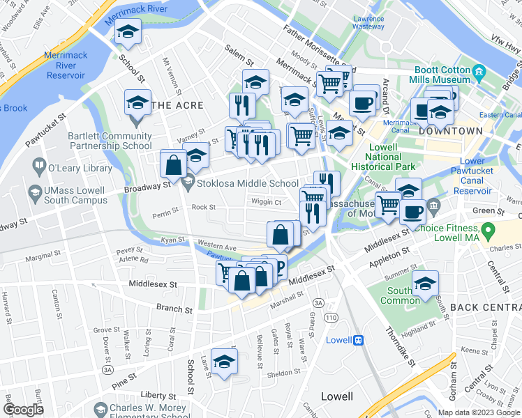 map of restaurants, bars, coffee shops, grocery stores, and more near 53 Rock Street in Lowell
