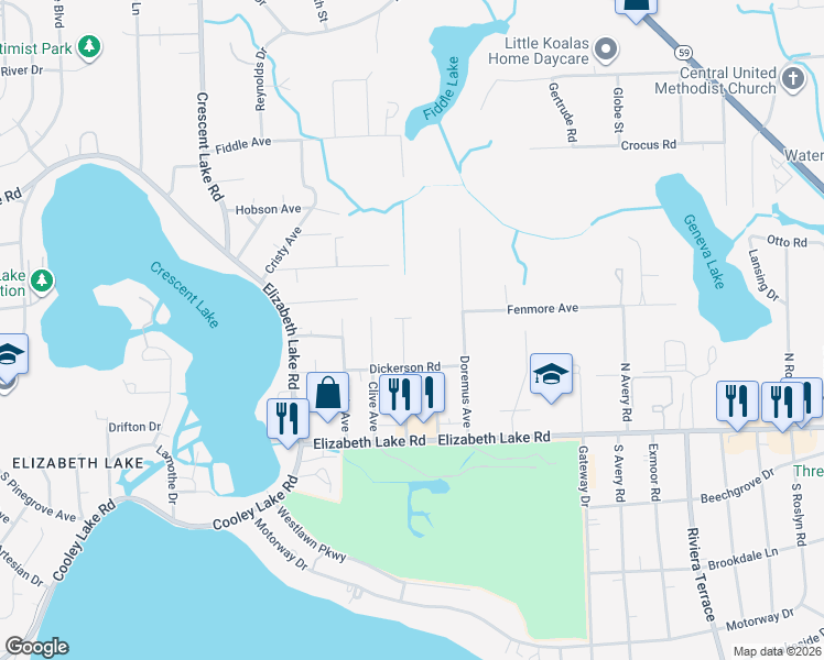 map of restaurants, bars, coffee shops, grocery stores, and more near 172 Goldner Avenue in Waterford Township