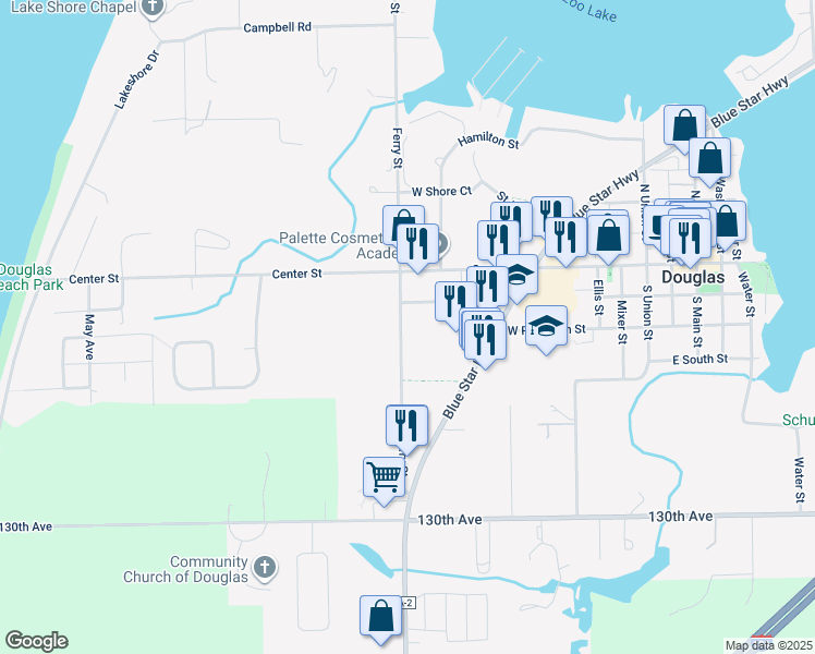 map of restaurants, bars, coffee shops, grocery stores, and more near 101 Ferry Street in Douglas