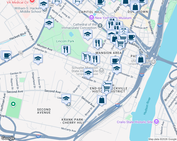 map of restaurants, bars, coffee shops, grocery stores, and more near 29 Elizabeth Street in Albany
