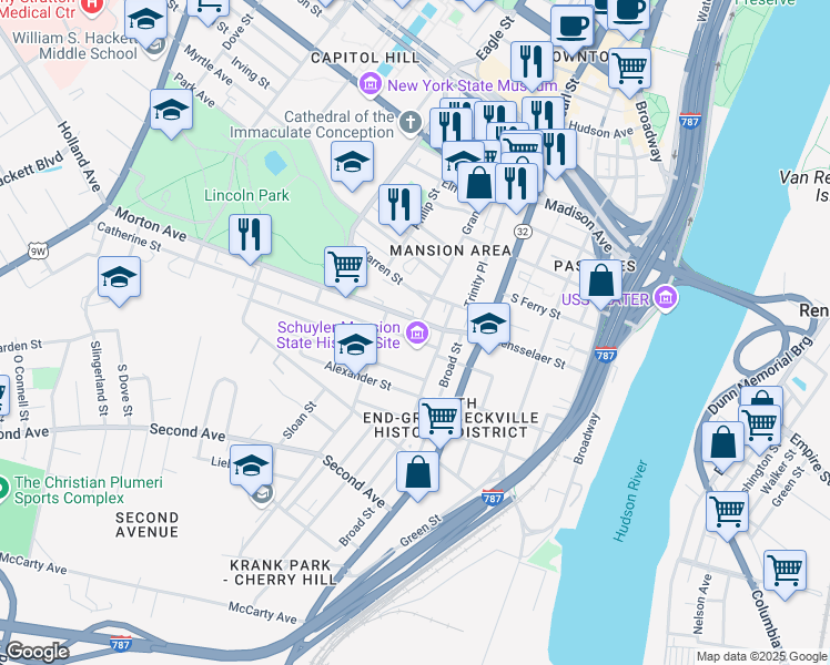 map of restaurants, bars, coffee shops, grocery stores, and more near 23 Catherine St in Albany