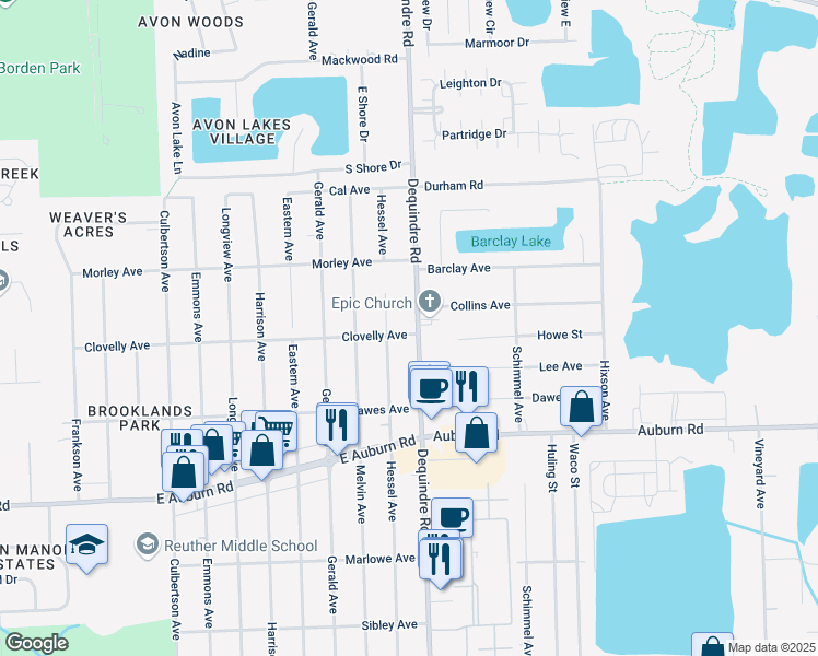 map of restaurants, bars, coffee shops, grocery stores, and more near 47441 Dequindre Road in Rochester Hills