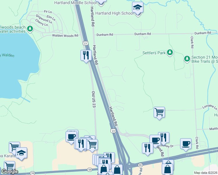 map of restaurants, bars, coffee shops, grocery stores, and more near 2606 Woodcliff Trail in Hartland