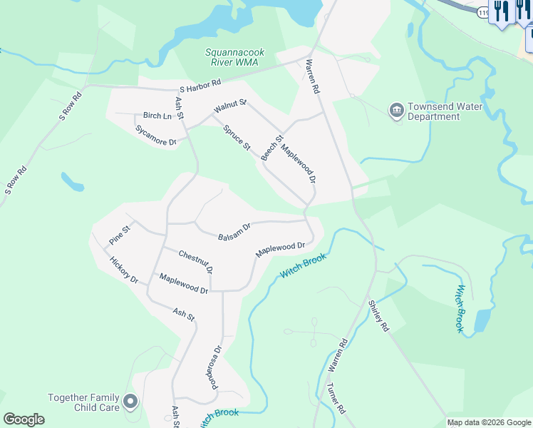 map of restaurants, bars, coffee shops, grocery stores, and more near 7 Balsam Drive in Townsend