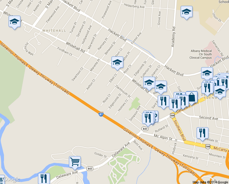 map of restaurants, bars, coffee shops, grocery stores, and more near 73 Rose Court in Albany