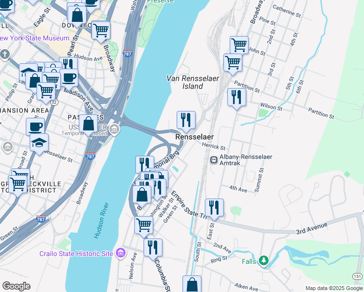 map of restaurants, bars, coffee shops, grocery stores, and more near 445 Broadway in Rensselaer