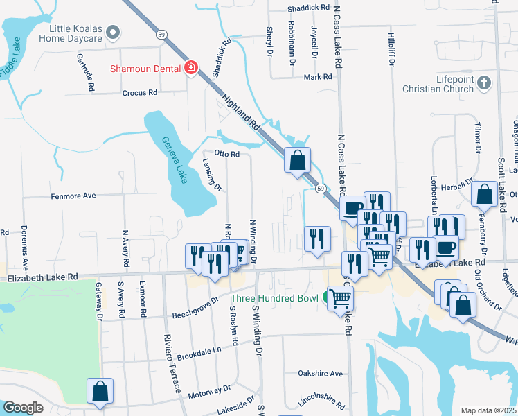 map of restaurants, bars, coffee shops, grocery stores, and more near 190 North Winding Drive in Waterford Township