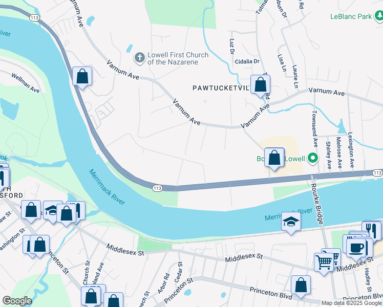 map of restaurants, bars, coffee shops, grocery stores, and more near 83 Boulevard Street in Lowell