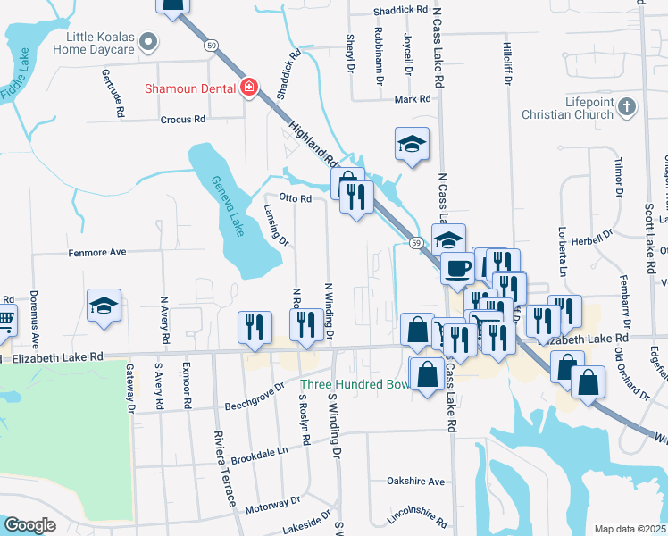 map of restaurants, bars, coffee shops, grocery stores, and more near 190 North Winding Drive in Oakland County