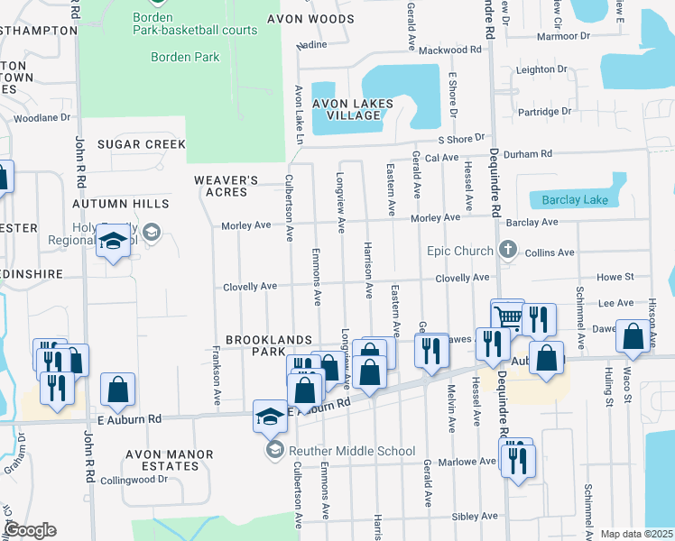 map of restaurants, bars, coffee shops, grocery stores, and more near 2624 Longview Avenue in Rochester Hills