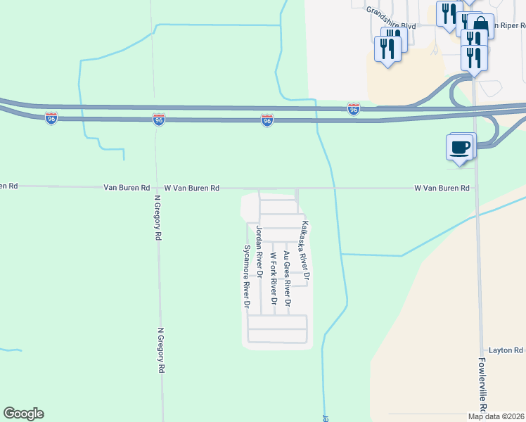 map of restaurants, bars, coffee shops, grocery stores, and more near 8648 Kalamazoo River Drive in Fowlerville
