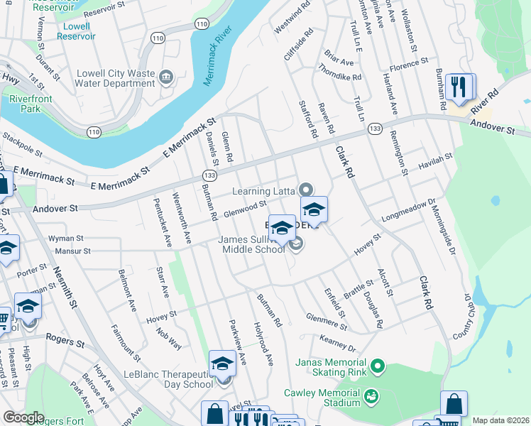 map of restaurants, bars, coffee shops, grocery stores, and more near 77 Draper Street in Lowell
