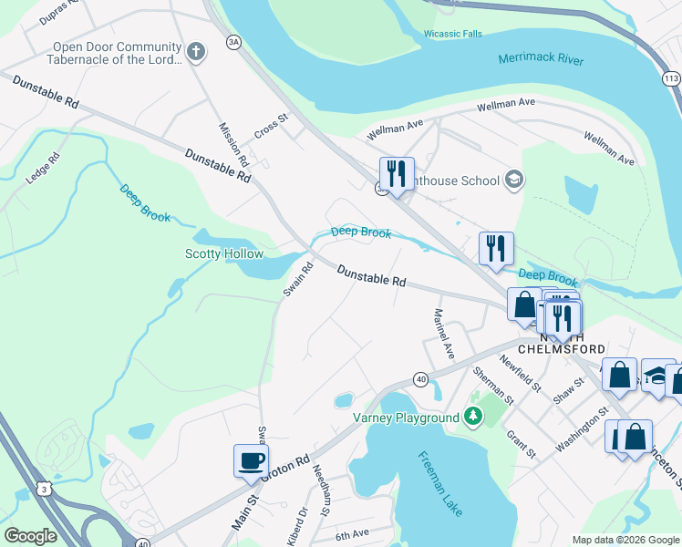 map of restaurants, bars, coffee shops, grocery stores, and more near 128 Dunstable Road in Chelmsford