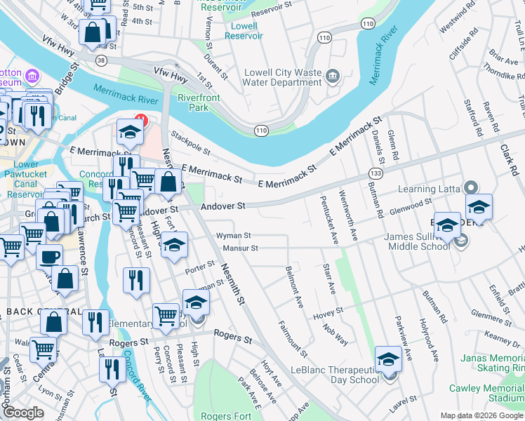 map of restaurants, bars, coffee shops, grocery stores, and more near 10 Mansion Drive in Lowell