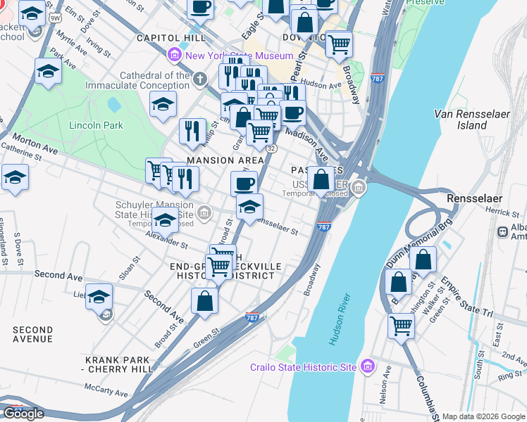 map of restaurants, bars, coffee shops, grocery stores, and more near 260 South Pearl Street in Albany
