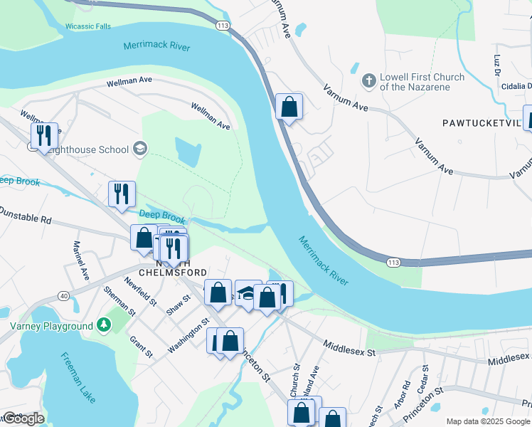 map of restaurants, bars, coffee shops, grocery stores, and more near 1198 Pawtucket Boulevard in Lowell