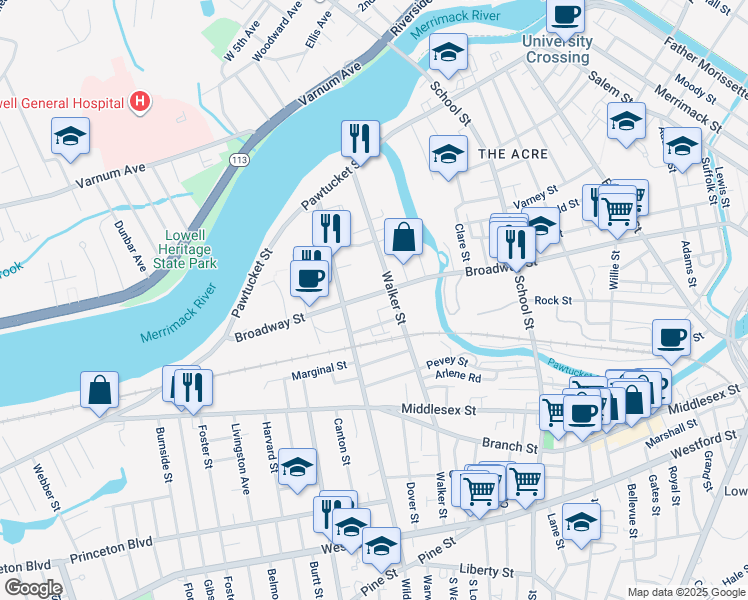 map of restaurants, bars, coffee shops, grocery stores, and more near 804 Broadway Street in Lowell
