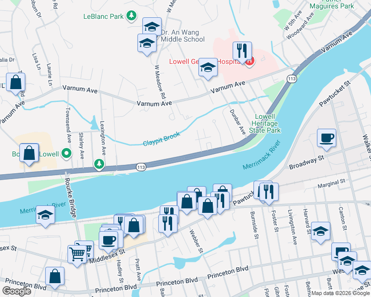 map of restaurants, bars, coffee shops, grocery stores, and more near 347 Pawtucket Boulevard in Lowell