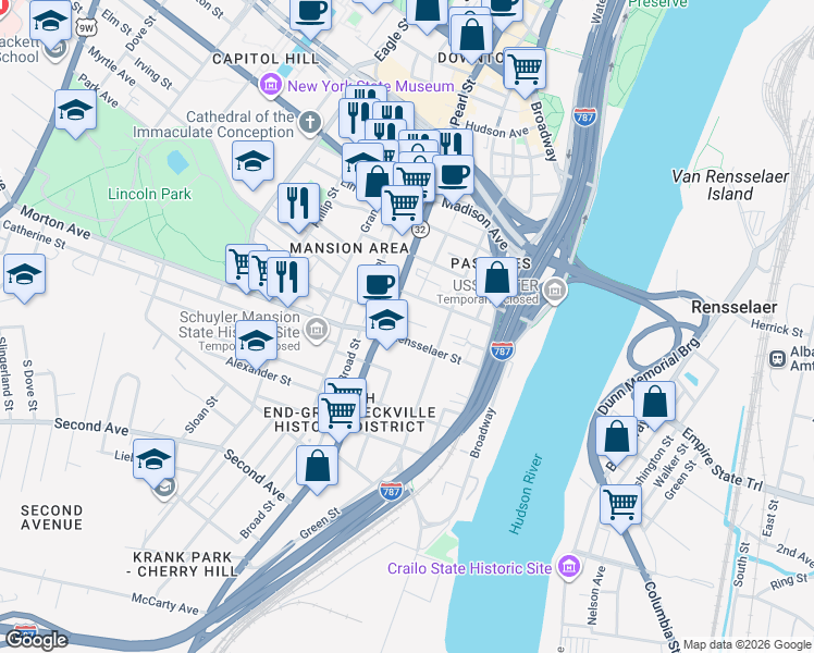 map of restaurants, bars, coffee shops, grocery stores, and more near 259 South Pearl Street in Albany