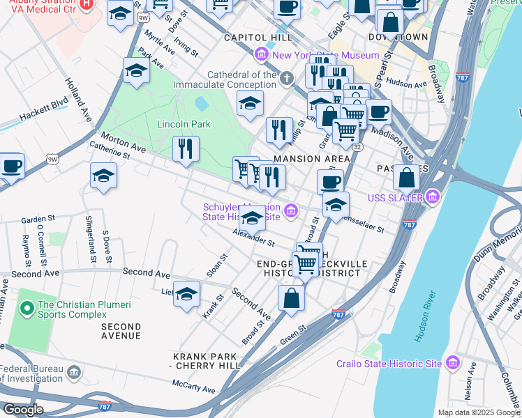 map of restaurants, bars, coffee shops, grocery stores, and more near 29 Elizabeth Street in Albany