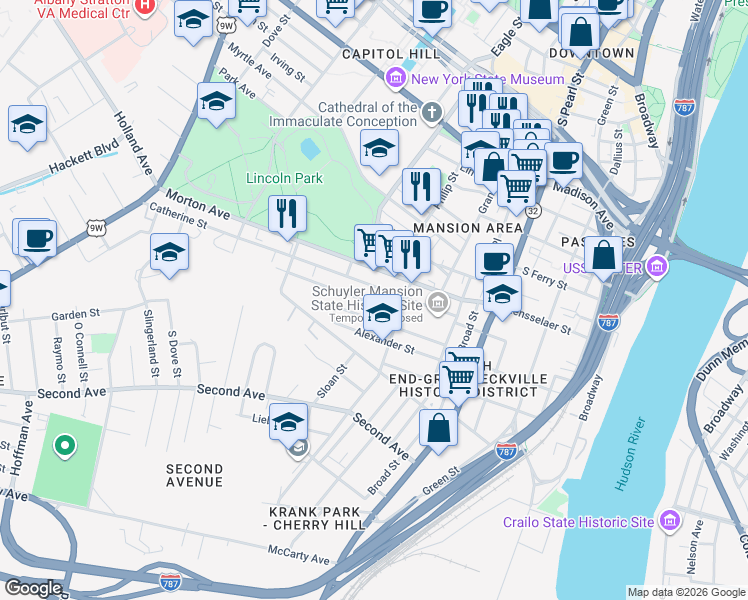 map of restaurants, bars, coffee shops, grocery stores, and more near 31 Osborne Street in Albany