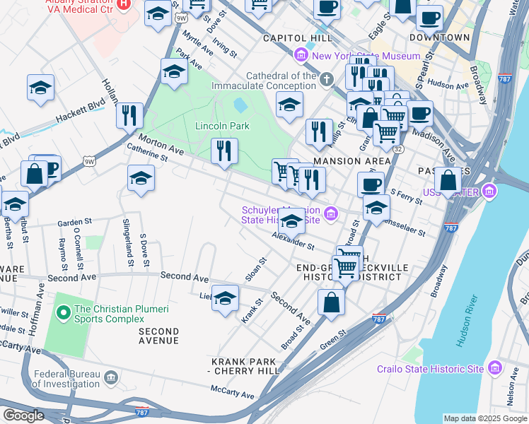 map of restaurants, bars, coffee shops, grocery stores, and more near 93 Delaware Street in Albany
