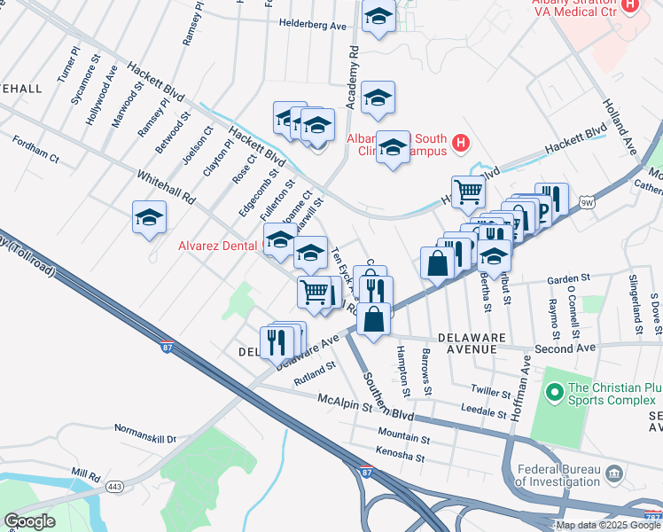 map of restaurants, bars, coffee shops, grocery stores, and more near 36 Ten Eyck Avenue in Albany