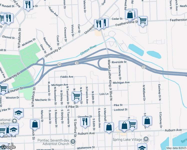 map of restaurants, bars, coffee shops, grocery stores, and more near 120 North Edith Street in Pontiac