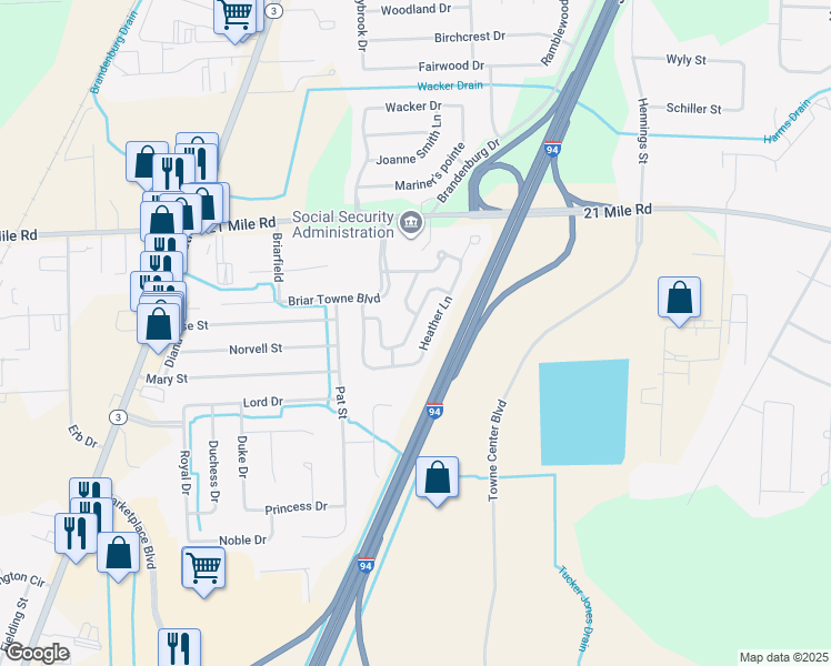 map of restaurants, bars, coffee shops, grocery stores, and more near 46583 East Briarwood Drive in Chesterfield