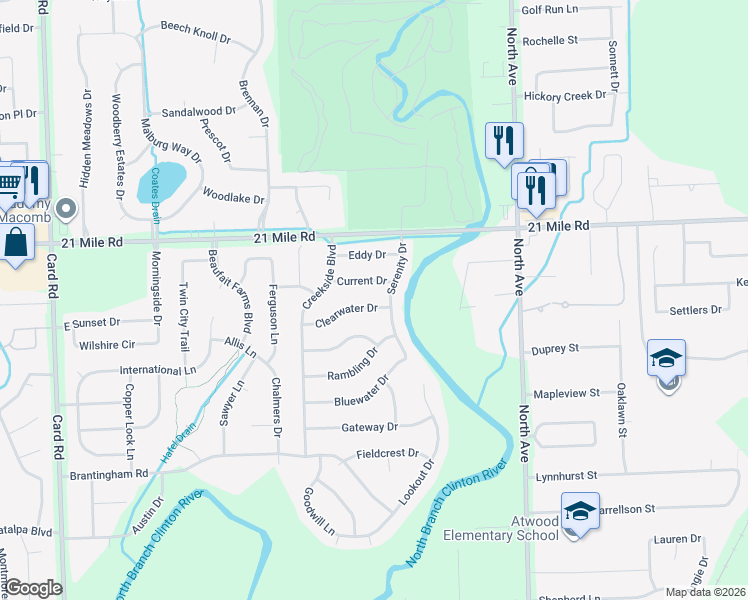 map of restaurants, bars, coffee shops, grocery stores, and more near 22599 Clearwater Drive in Macomb