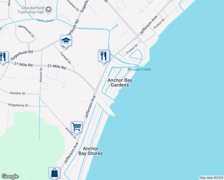 map of restaurants, bars, coffee shops, grocery stores, and more near 46642 Roselane Drive in New Baltimore