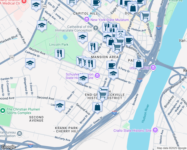 map of restaurants, bars, coffee shops, grocery stores, and more near 23 Catherine Street in Albany