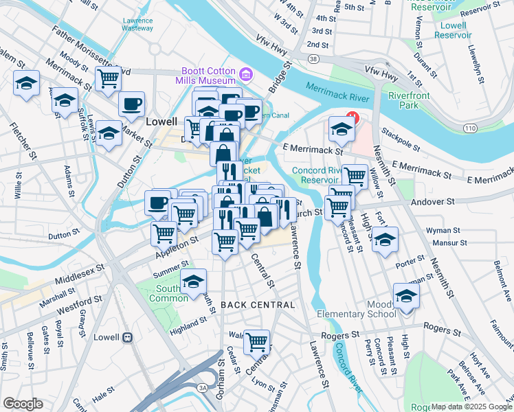 map of restaurants, bars, coffee shops, grocery stores, and more near 21 George Street in Lowell