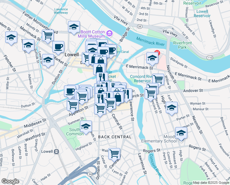 map of restaurants, bars, coffee shops, grocery stores, and more near 21 George Street in Lowell