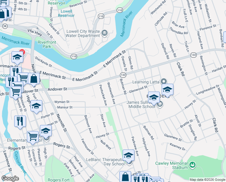 map of restaurants, bars, coffee shops, grocery stores, and more near 50 Wentworth Avenue in Lowell