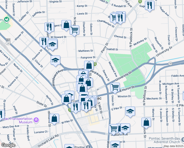 map of restaurants, bars, coffee shops, grocery stores, and more near 190 North Perry Street in Pontiac