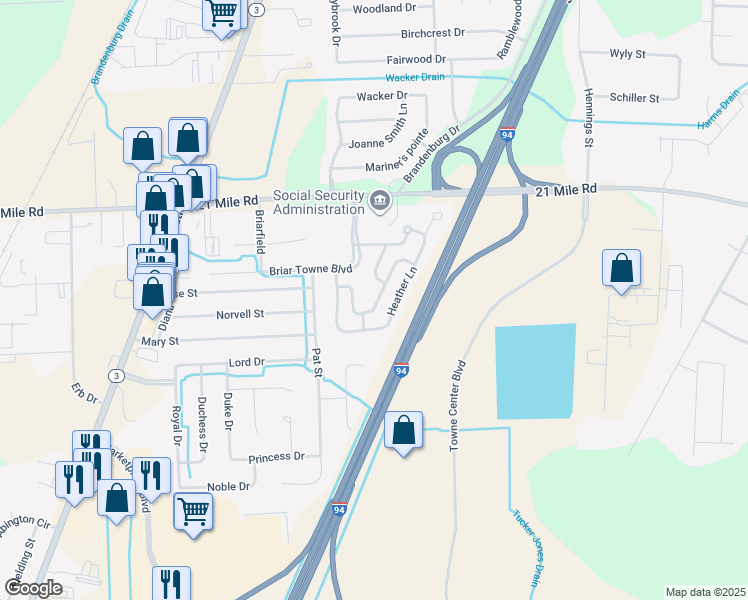 map of restaurants, bars, coffee shops, grocery stores, and more near 46583 East Briarwood Drive in Chesterfield