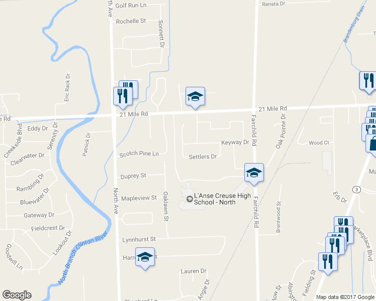 map of restaurants, bars, coffee shops, grocery stores, and more near 46610 Vineyards Lane in Macomb