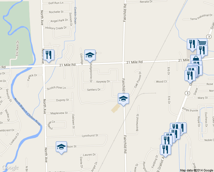 map of restaurants, bars, coffee shops, grocery stores, and more near 46654 Settlers Drive in Macomb