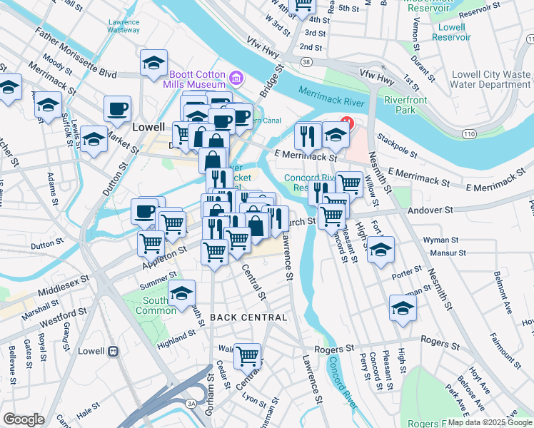 map of restaurants, bars, coffee shops, grocery stores, and more near 10 George Street in Lowell
