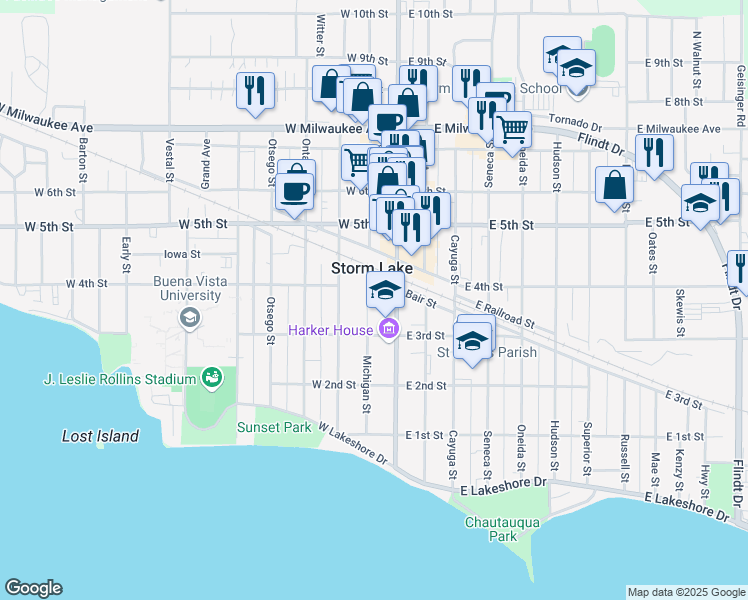 map of restaurants, bars, coffee shops, grocery stores, and more near 421 Michigan Street in Storm Lake