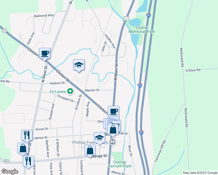 map of restaurants, bars, coffee shops, grocery stores, and more near 5 Warren St in Homer