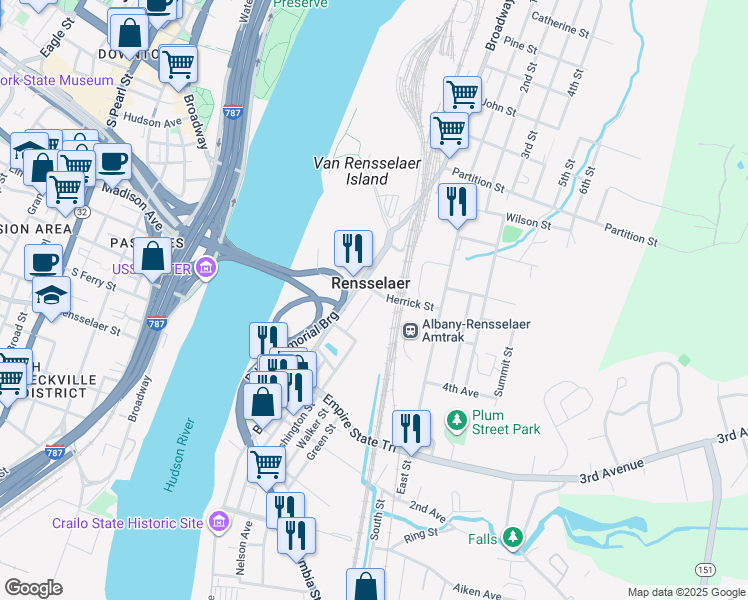map of restaurants, bars, coffee shops, grocery stores, and more near 462 Washington Street in Rensselaer