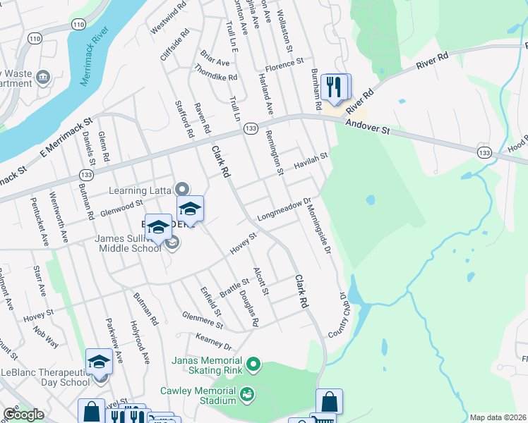 map of restaurants, bars, coffee shops, grocery stores, and more near 30 Longmeadow Drive in Lowell