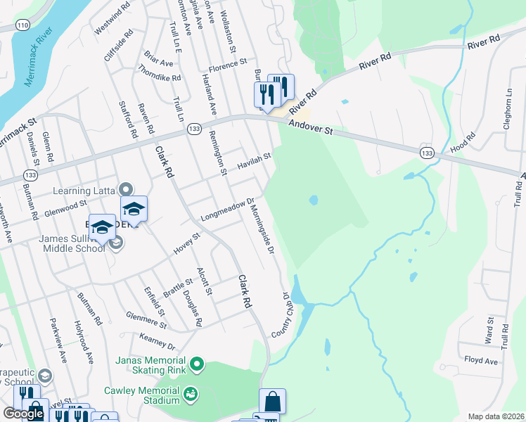 map of restaurants, bars, coffee shops, grocery stores, and more near 22 Morningside Drive in Lowell