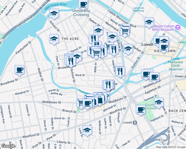 map of restaurants, bars, coffee shops, grocery stores, and more near 95 Rock Street in Lowell
