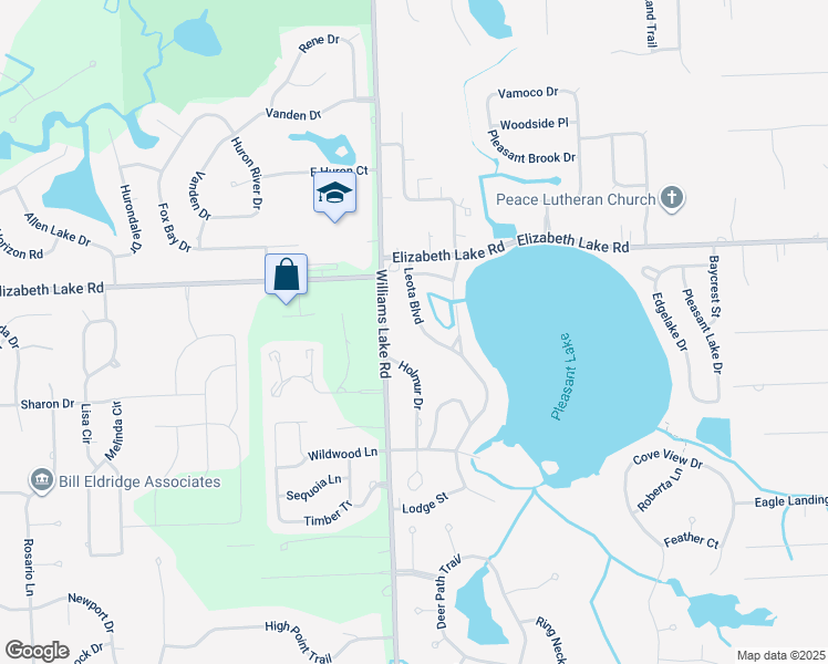 map of restaurants, bars, coffee shops, grocery stores, and more near 78 Leota Boulevard in Waterford Township