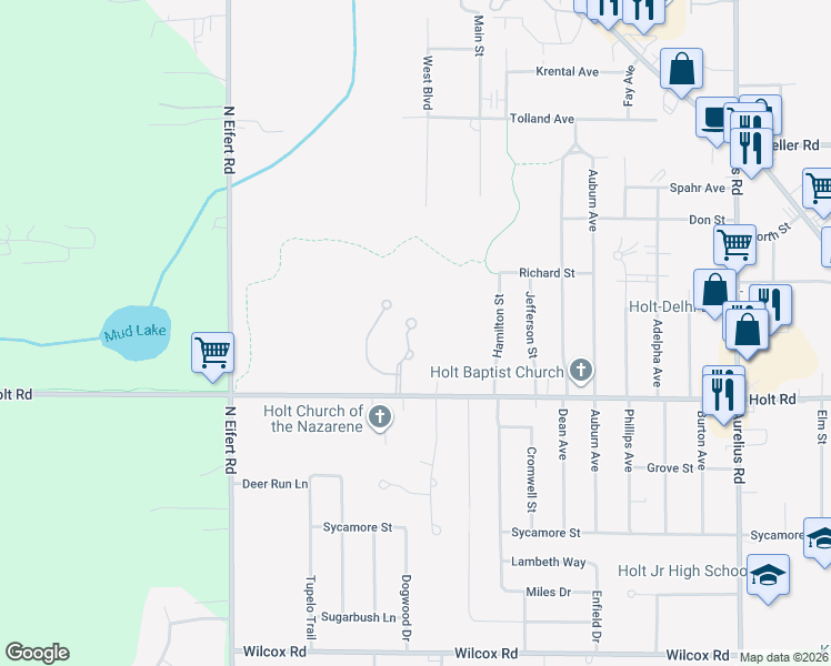 map of restaurants, bars, coffee shops, grocery stores, and more near 2054 Wyndham Hills Dr in Delhi Charter Township