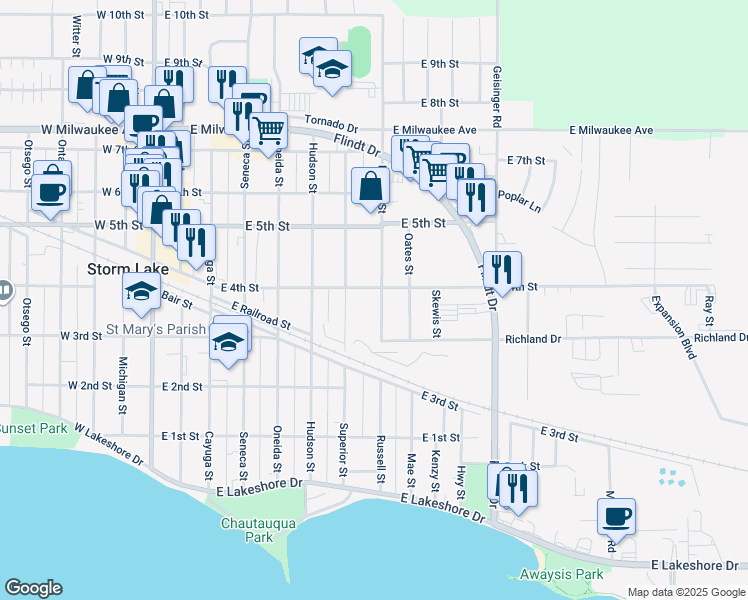 map of restaurants, bars, coffee shops, grocery stores, and more near 418 Russell Street in Storm Lake